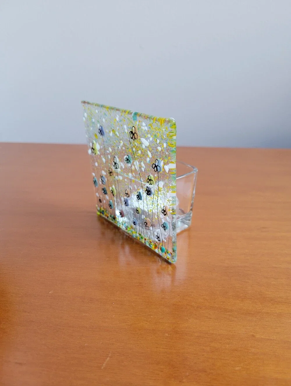 Fused Glass Wildflower Meadow Tealight Candle Holder Art Multicolor